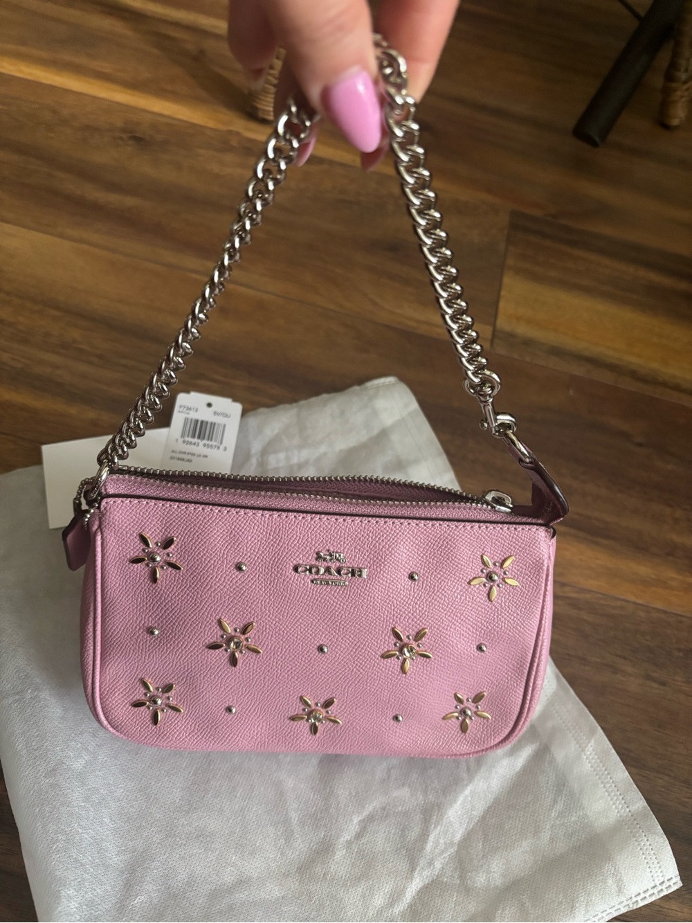 Nolita 19 Coach Pink Leather Floral-Stud Chain Wristlet
